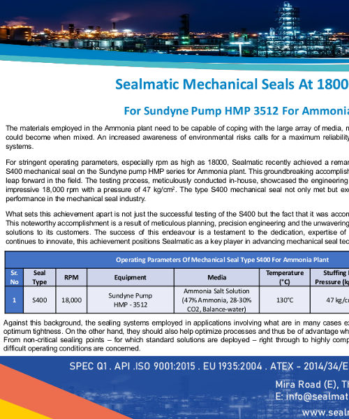 Sealmatic Mechanical Seals At 18000 RPM