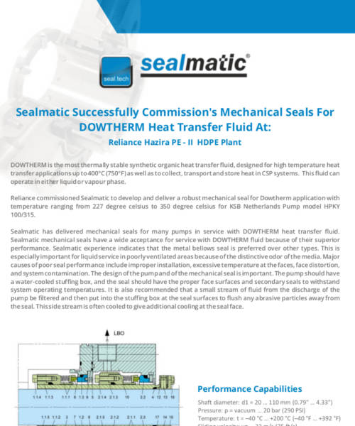 Sealmatic Successfully Commission's Mechanical Seals For DOWTHERM Heat Transfer Fluid At: Reliance Hazira PE - II HDPE Plant