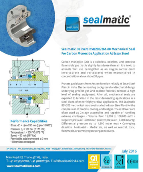 Sealmatic Delivers BSH200/261-00 Mechanical Seal For Carbon Monoxide Application At Essar Steel