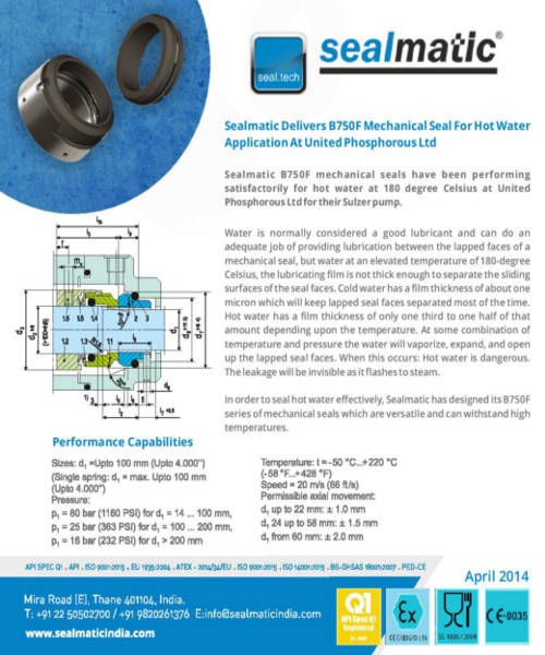 Sealmatic Delivers B750F Mechanical Seal For Hot Water Application At United Phosphorous Ltd.
