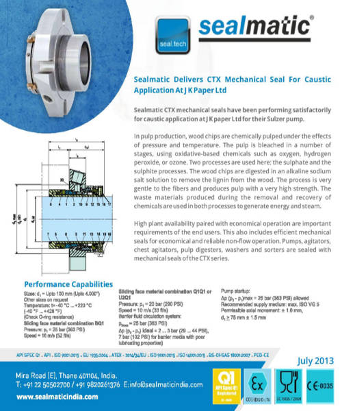 Sealmatic Delivers CTX Mechanical Seal For Caustic Application At J K Paper Ltd.