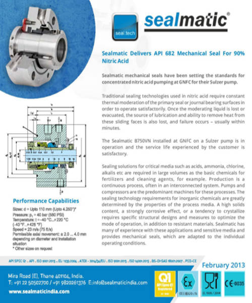Sealmatic Delivers API 682 Mechanical Seal For 90% Nitric Acid