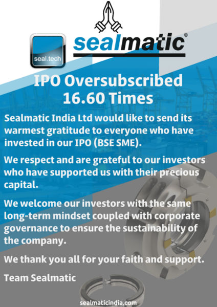 Sealmatic IPO Oversubscribed 16.60 Times