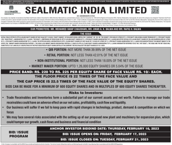 Sealmatic IPO Press Release